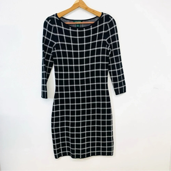 Lauren Ralph Lauren Sweater Dress Small  Black White Check Sheath Career Office‎ - Picture 1 of 9